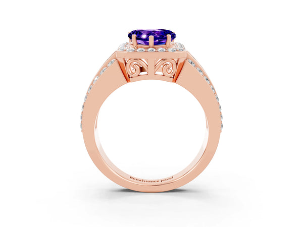 Rose gold Heart Cut Halo Tanzanite Ring with Round  Split Shank and Prong Setting