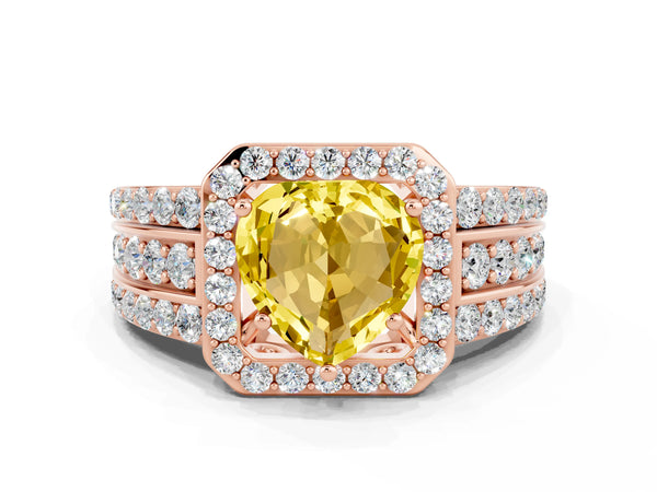 Rose gold Heart Cut Halo Yellow Sapphire Ring with Round  Split Shank and Prong Setting