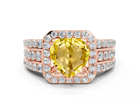 Rose gold Heart Cut Halo Yellow Sapphire Ring with Split Shank and Four-Prong Setting_24