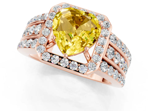Rose gold Heart Cut Halo Yellow Sapphire Ring with Split Shank and Four-Prong Setting_25