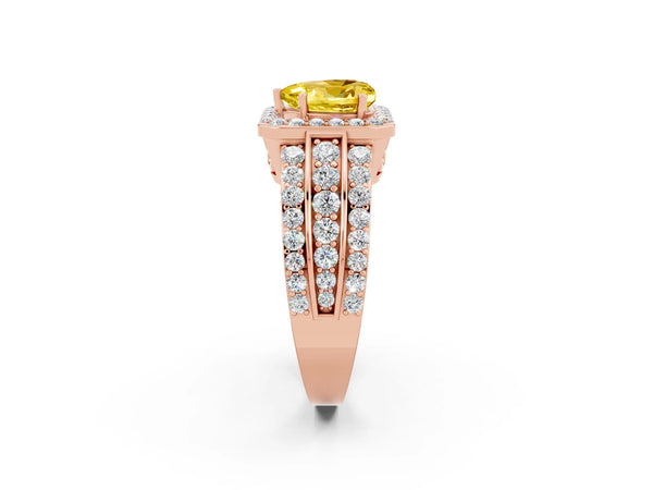Rose gold Heart Cut Halo Yellow Sapphire Ring with Round  Split Shank and Prong Setting