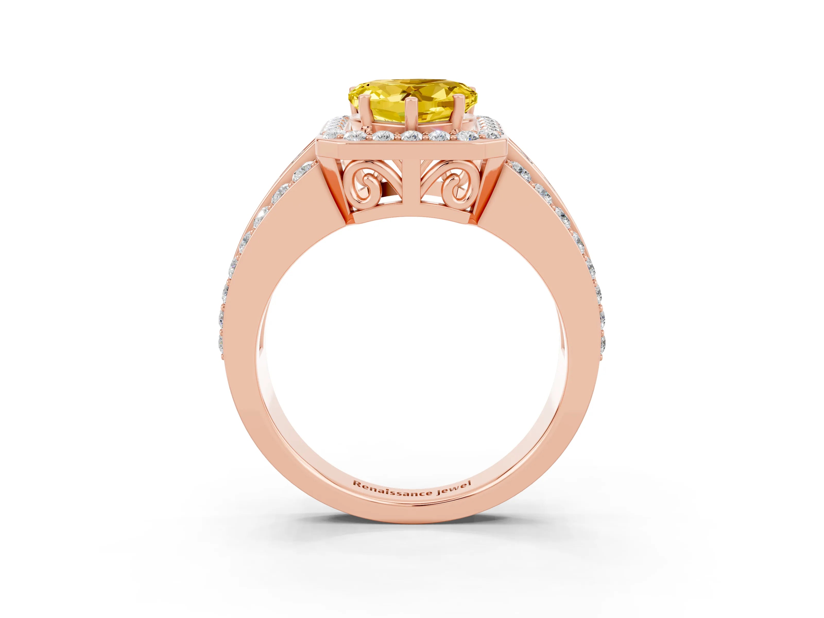 Rose gold Heart Cut Halo Yellow Sapphire Ring with Split Shank and Four-Prong Setting_27