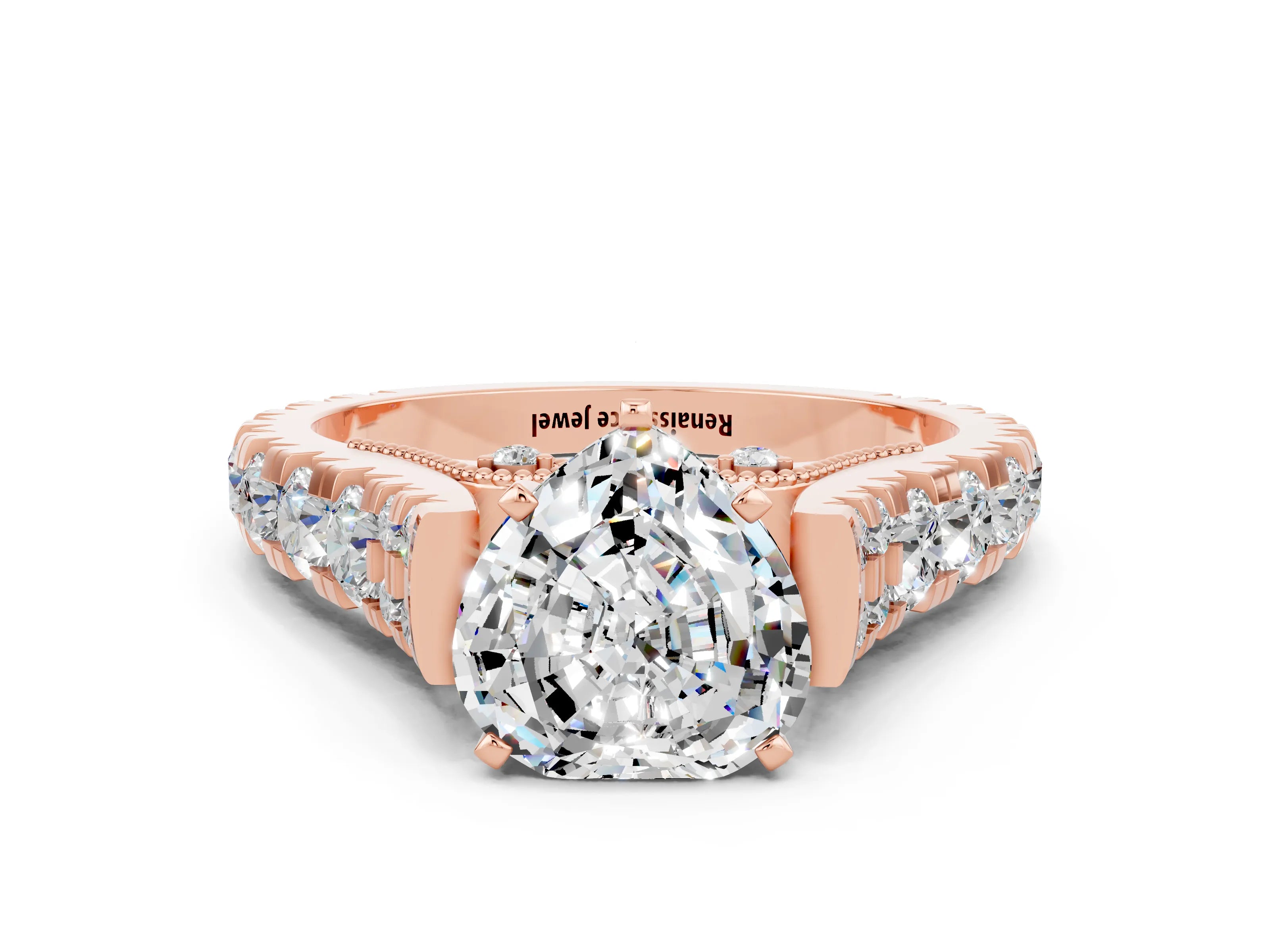 Rose gold Heart Cut Moissanite Classic Solitaire Ring with Pavé Band and Four-Prong Setting
