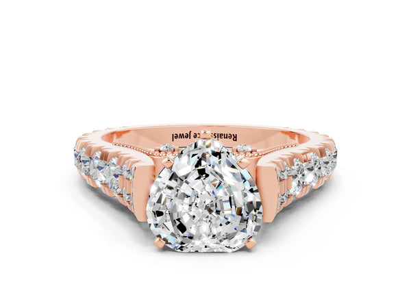 Rose gold Heart Cut Moissanite Classic Solitaire Ring with Pavé Band and Four-Prong Setting