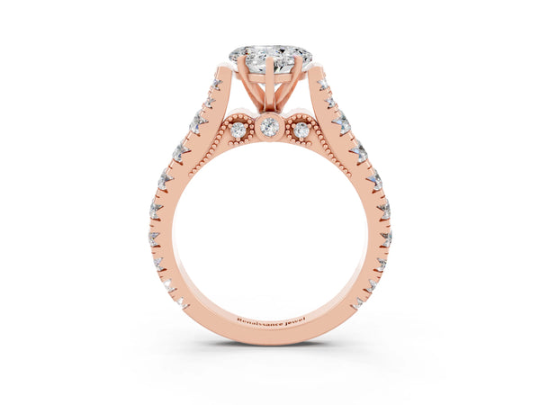 Rose gold Heart Cut Moissanite Classic Solitaire Ring with Pavé Band and Four-Prong Setting