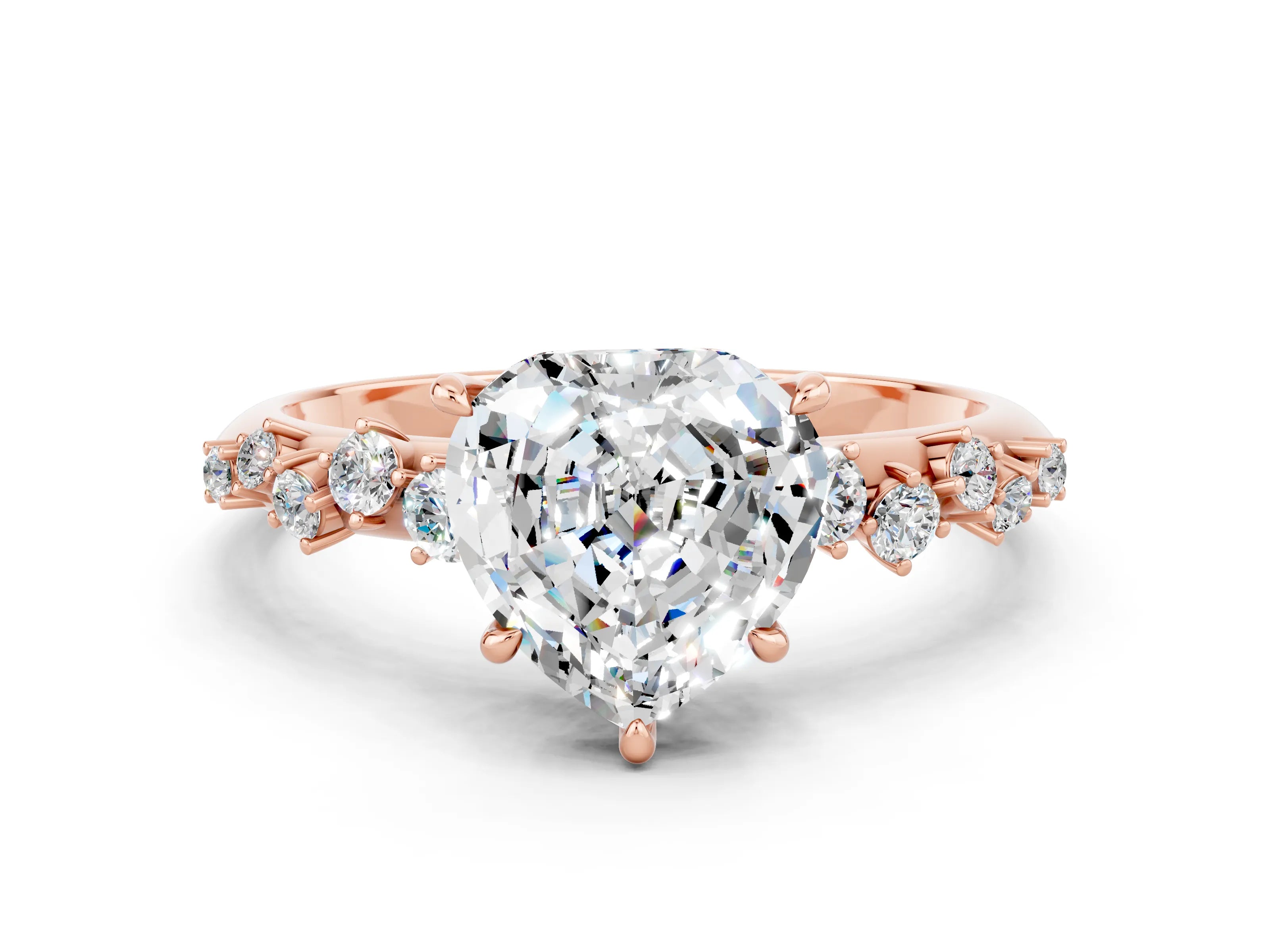 Rose gold Heart Cut Moissanite Cluster Side Stone Solitaire Ring with Prong Setting_24