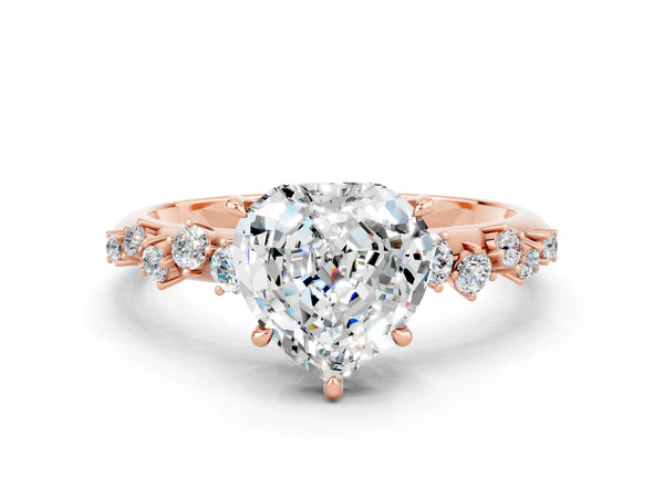 Rose gold Heart Cut Moissanite Cluster Side Stone Solitaire Ring with Prong Setting
