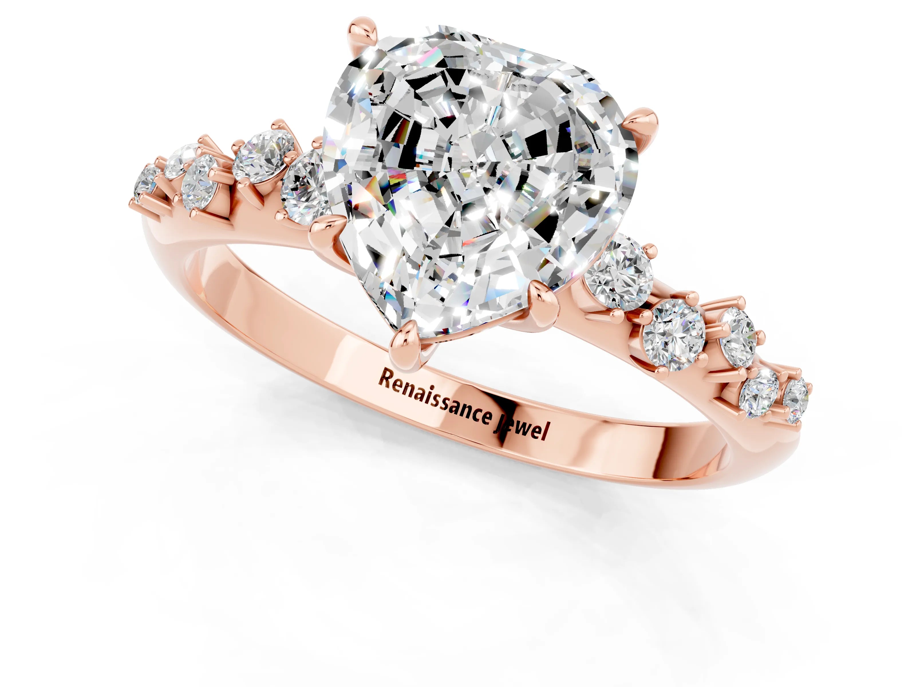 Rose gold Heart Cut Moissanite Cluster Side Stone Solitaire Ring with Prong Setting_25