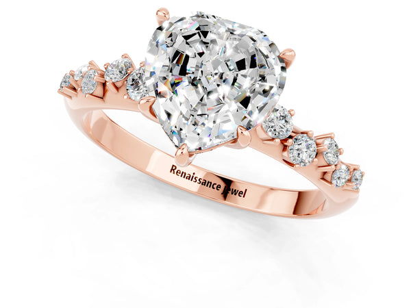 Rose gold Heart Cut Moissanite Cluster Side Stone Solitaire Ring with Prong Setting