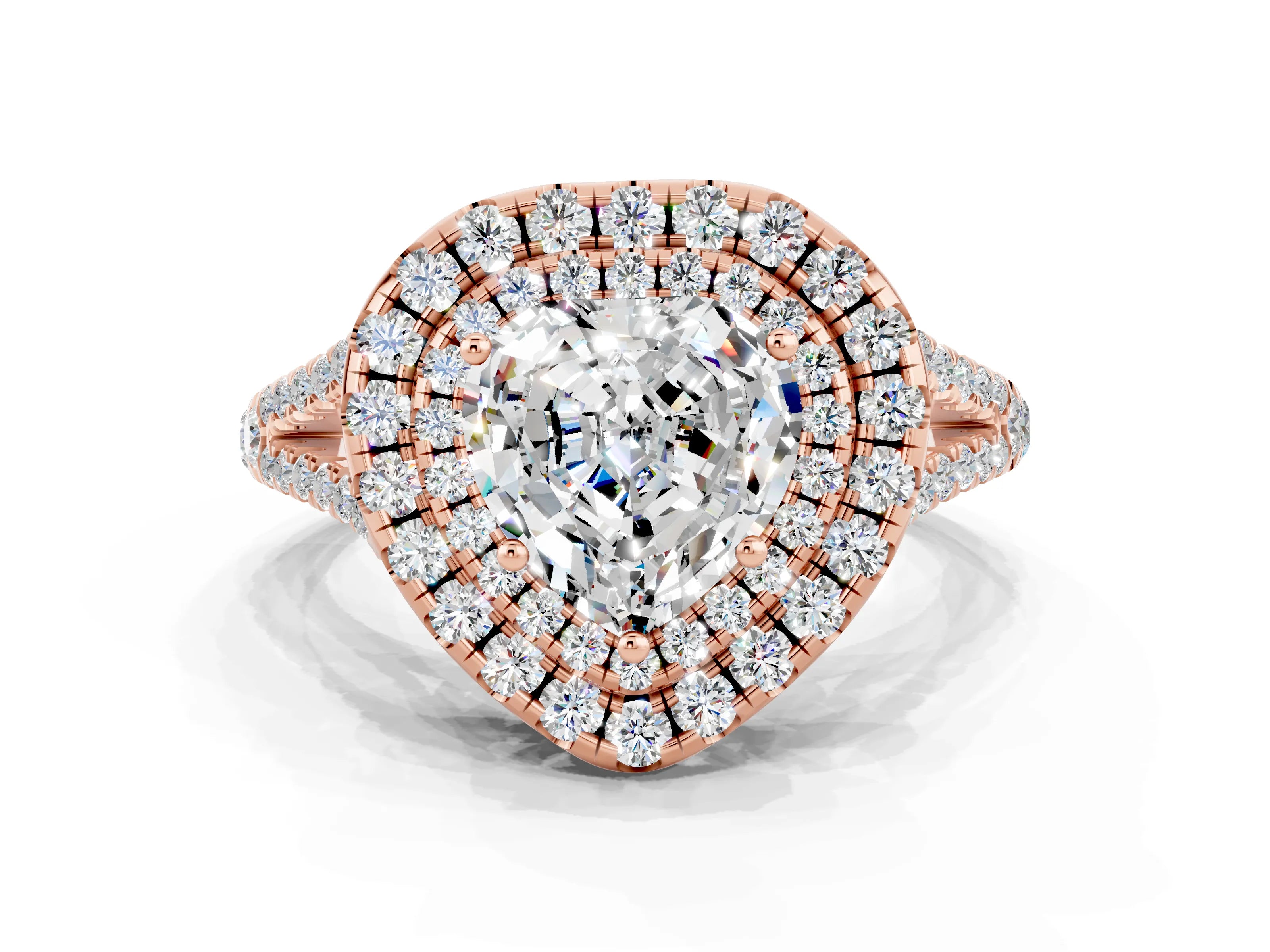 Rose gold Heart Cut Moissanite Double Halo Ring with Pavé Band and Prong Setting_12
