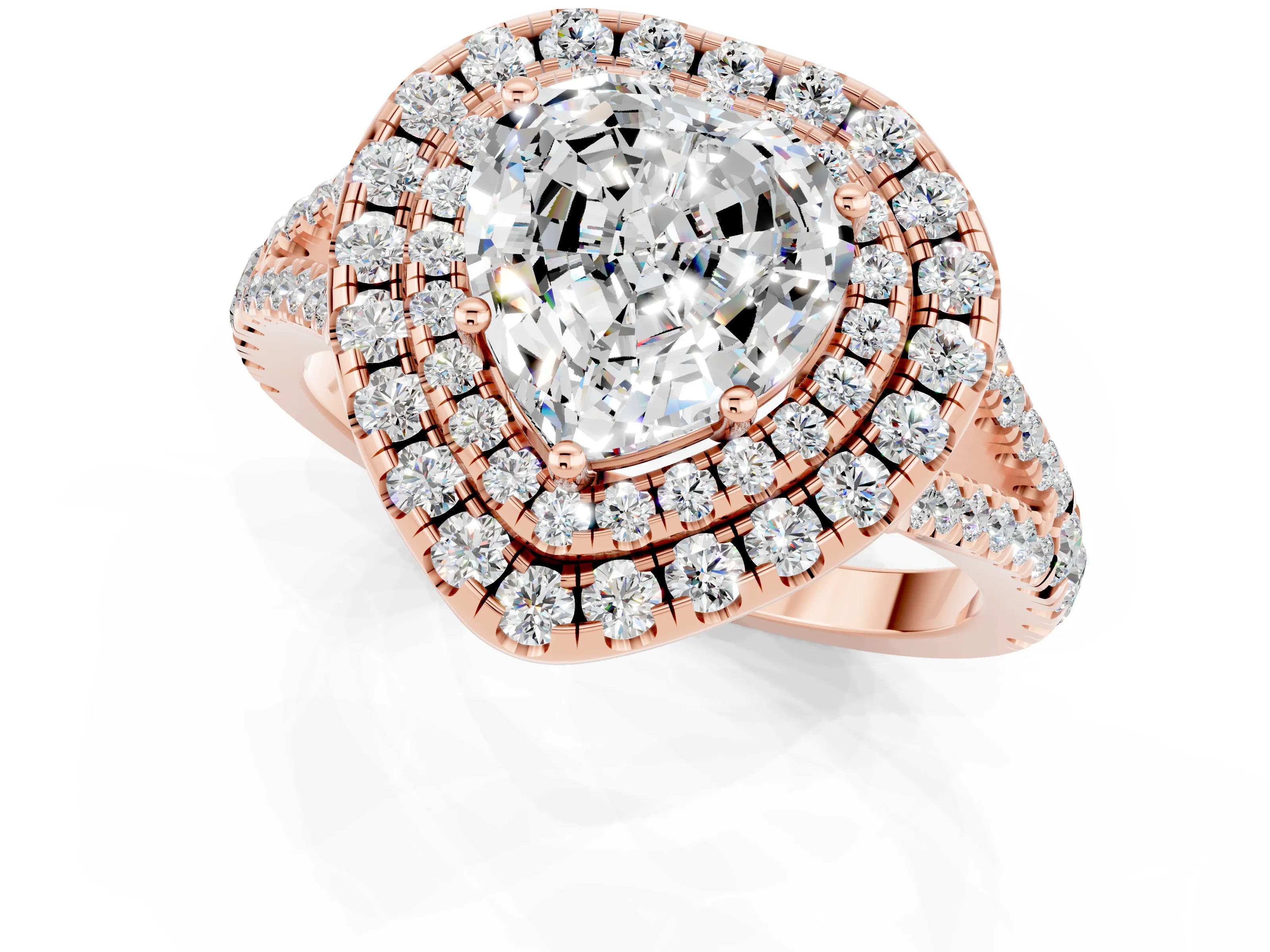 Rose gold Heart Cut Moissanite Double Halo Ring with Pavé Band and Prong Setting_13