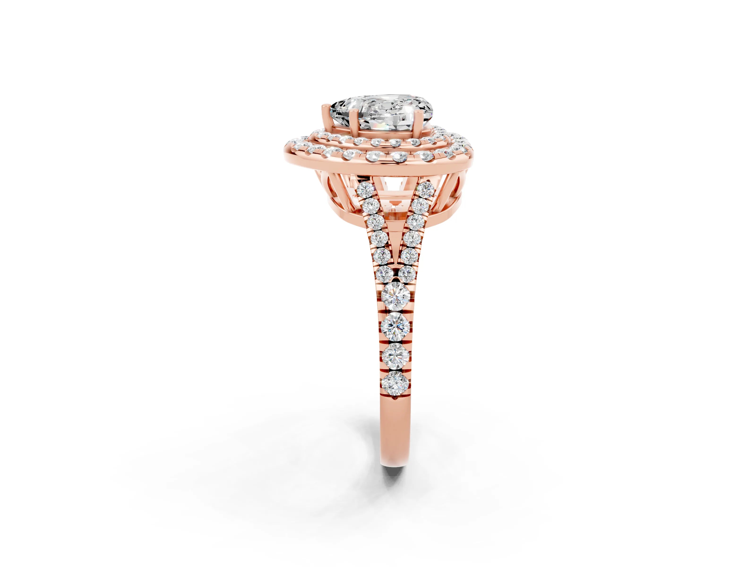 Rose gold Heart Cut Moissanite Double Halo Ring with Pavé Band and Prong Setting_14