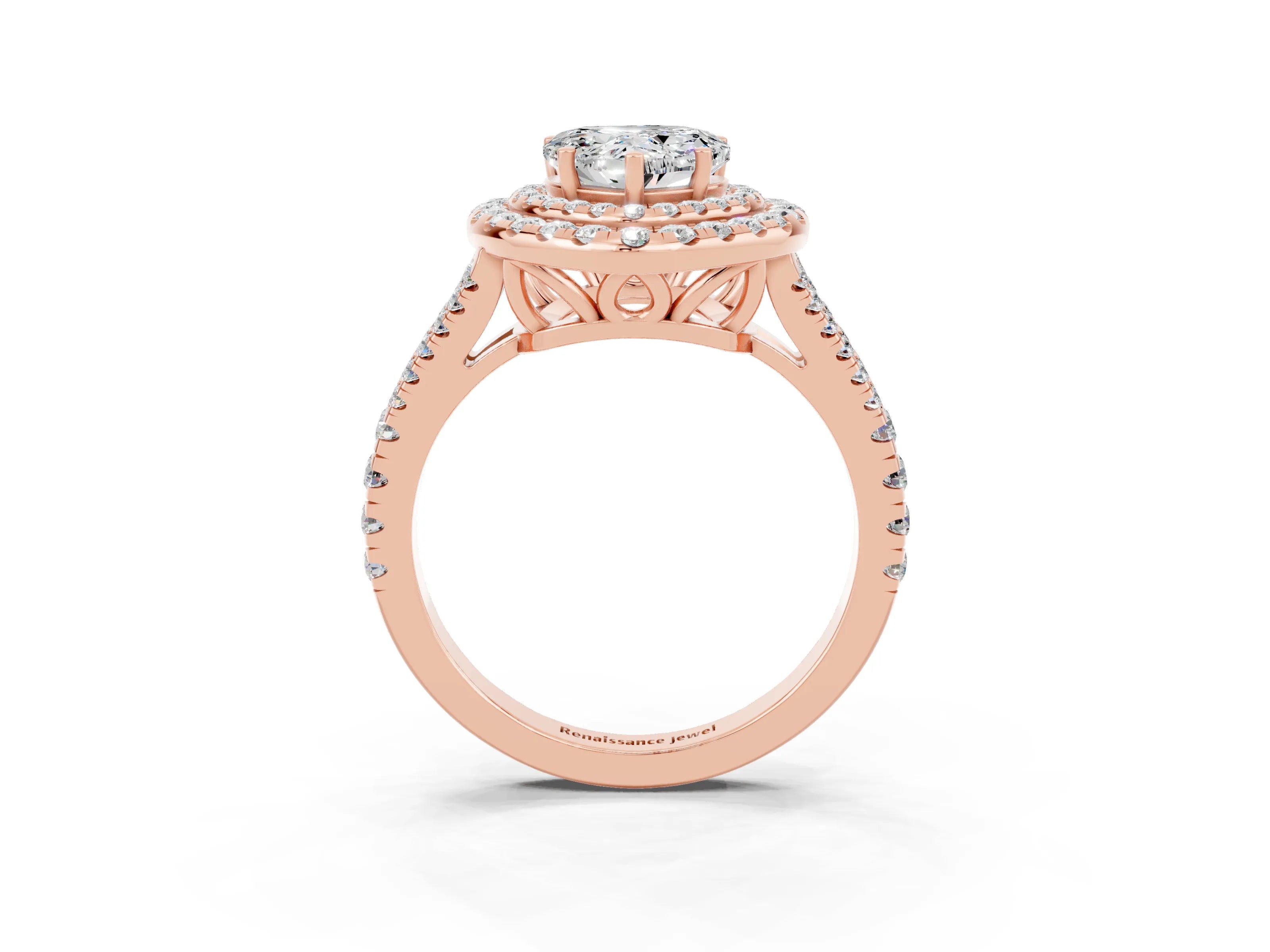 Rose gold Heart Cut Moissanite Double Halo Ring with Pavé Band and Prong Setting_15