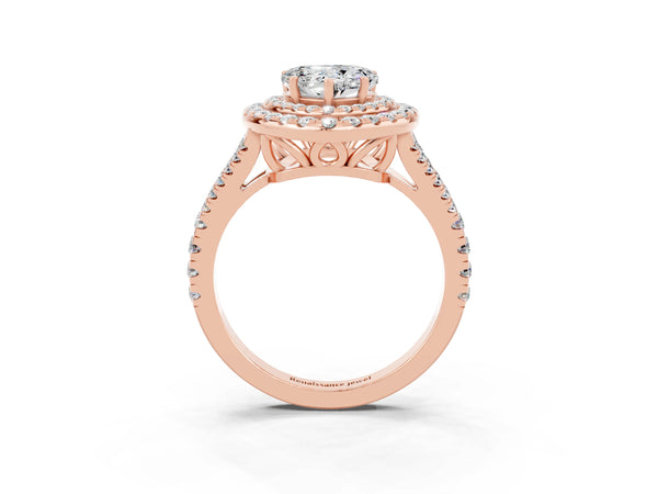 Rose gold Heart Cut Moissanite Double Halo Ring with Pavé Band and Prong Setting