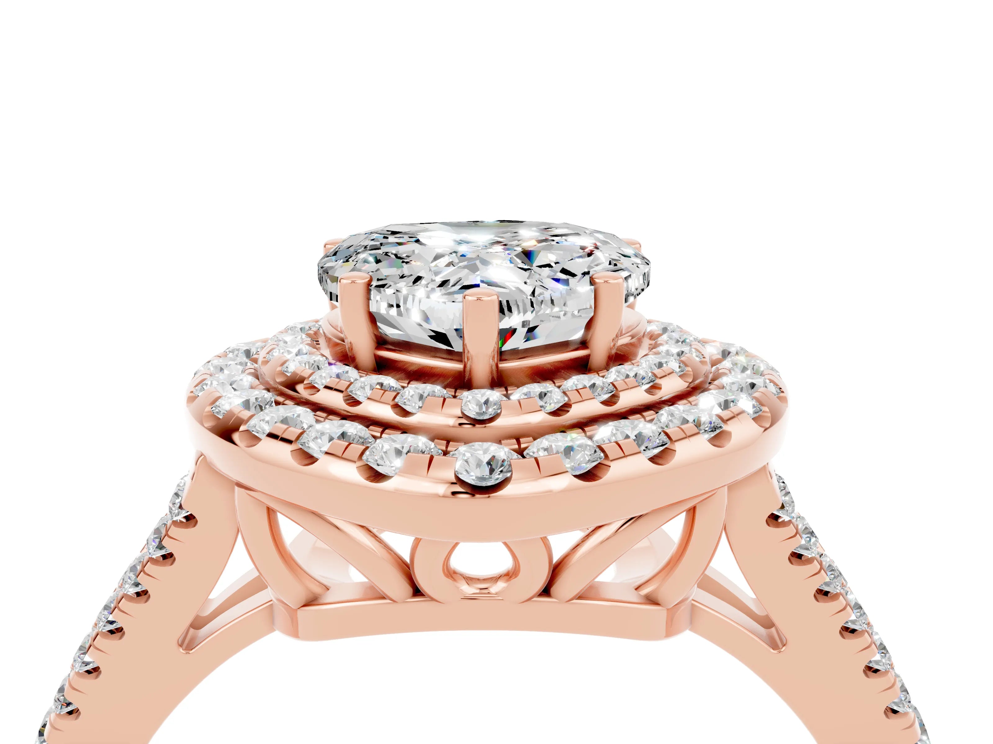 Rose gold Heart Cut Moissanite Double Halo Ring with Pavé Band and Prong Setting_16