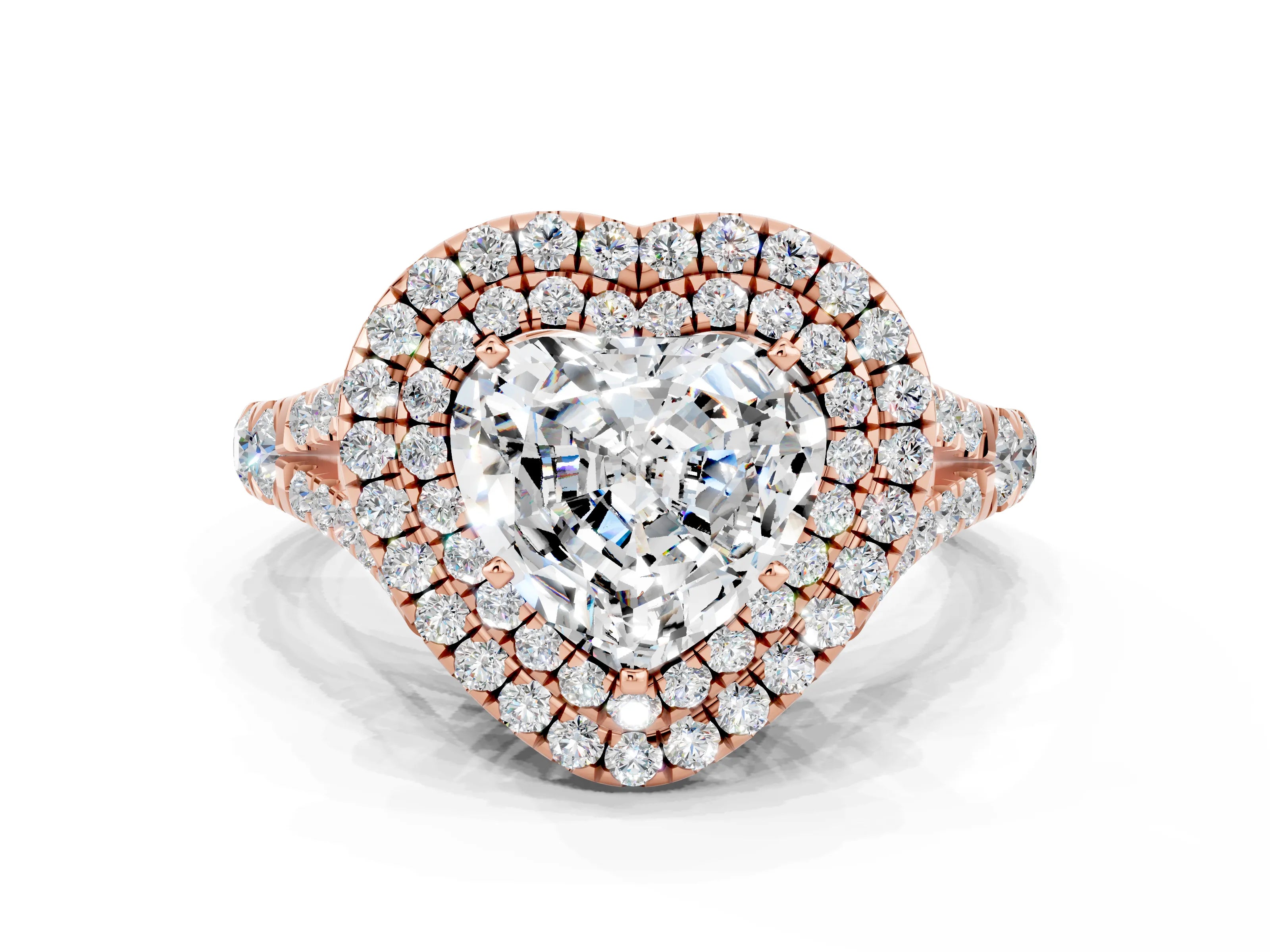 Rose gold Heart Cut Moissanite Double Halo Ring with Split Shank and Prong Setting_12