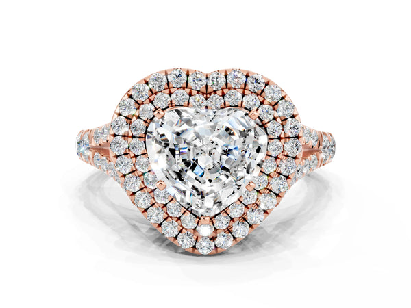 Rose gold Heart Cut Moissanite Double Halo Ring with Split Shank and Prong Setting