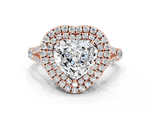 Rose gold Heart Cut Moissanite Double Halo Ring with Split Shank and Prong Setting_12