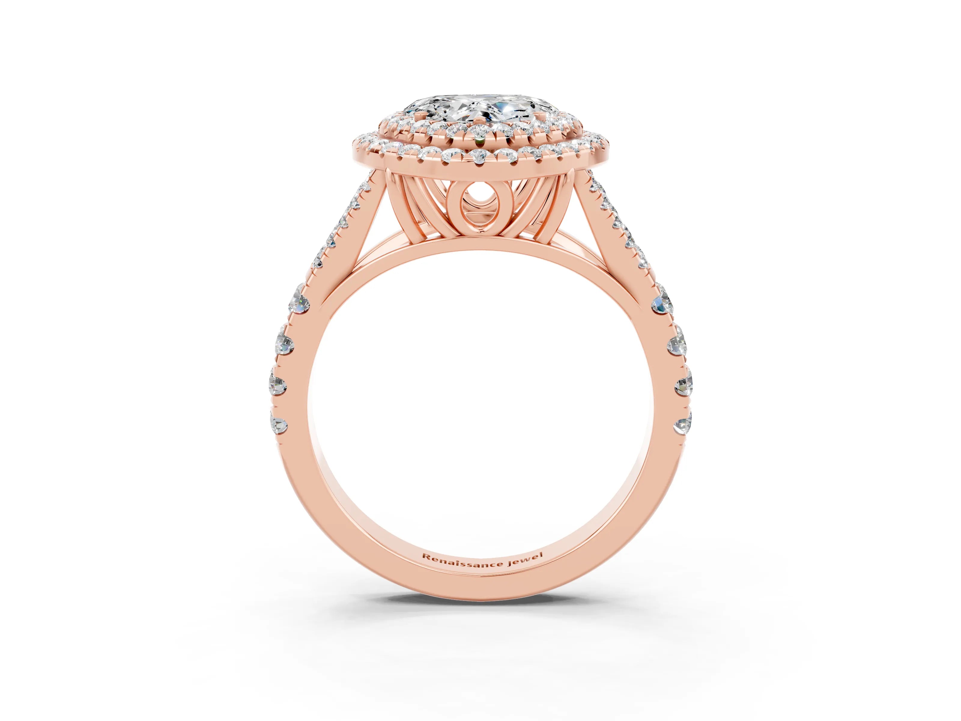 Rose gold Heart Cut Moissanite Double Halo Ring with Split Shank and Prong Setting_15