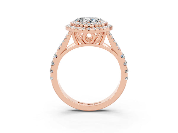 Rose gold Heart Cut Moissanite Double Halo Ring with Split Shank and Prong Setting
