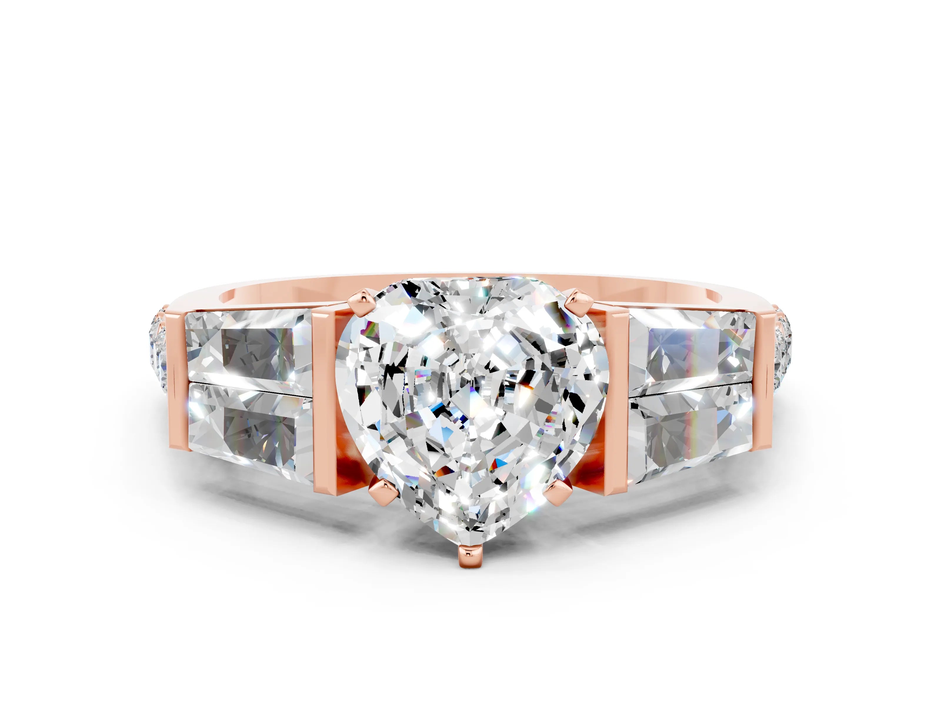 Rose gold Heart Cut Moissanite Engagement Ring with Baguette Side Stones and Channel Set Band
