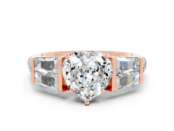 Rose gold Heart Cut Moissanite Engagement Ring with Baguette Side Stones and Channel Set Band