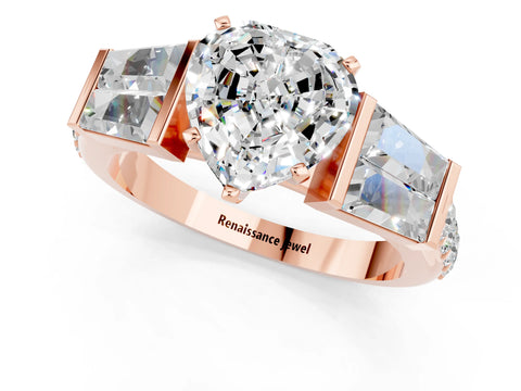 Rose gold Heart Cut Moissanite Engagement Ring with Baguette Side Stones and Channel Set Band_1