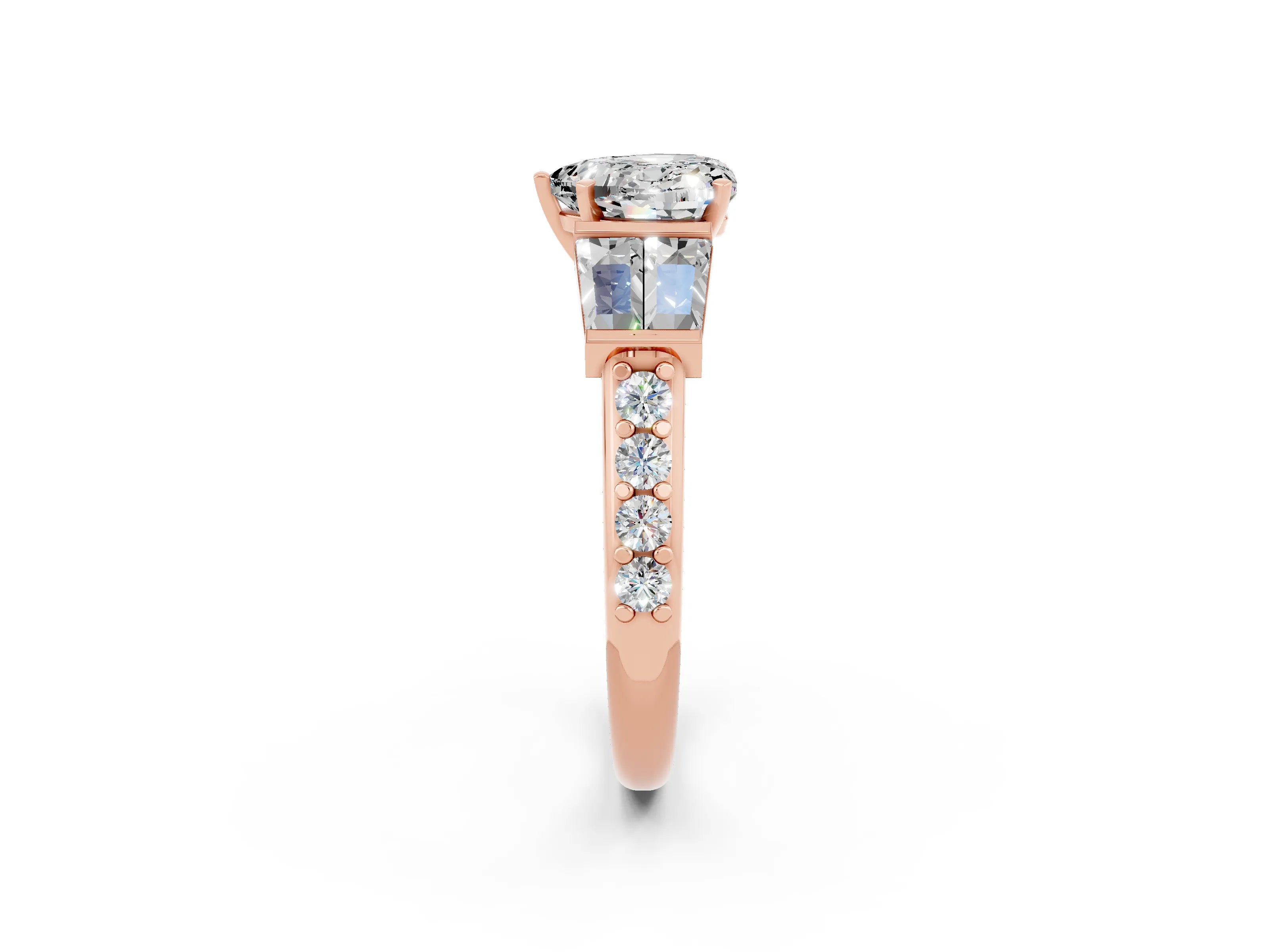 Rose gold Heart Cut Moissanite Engagement Ring with Baguette Side Stones and Channel Set Band_2