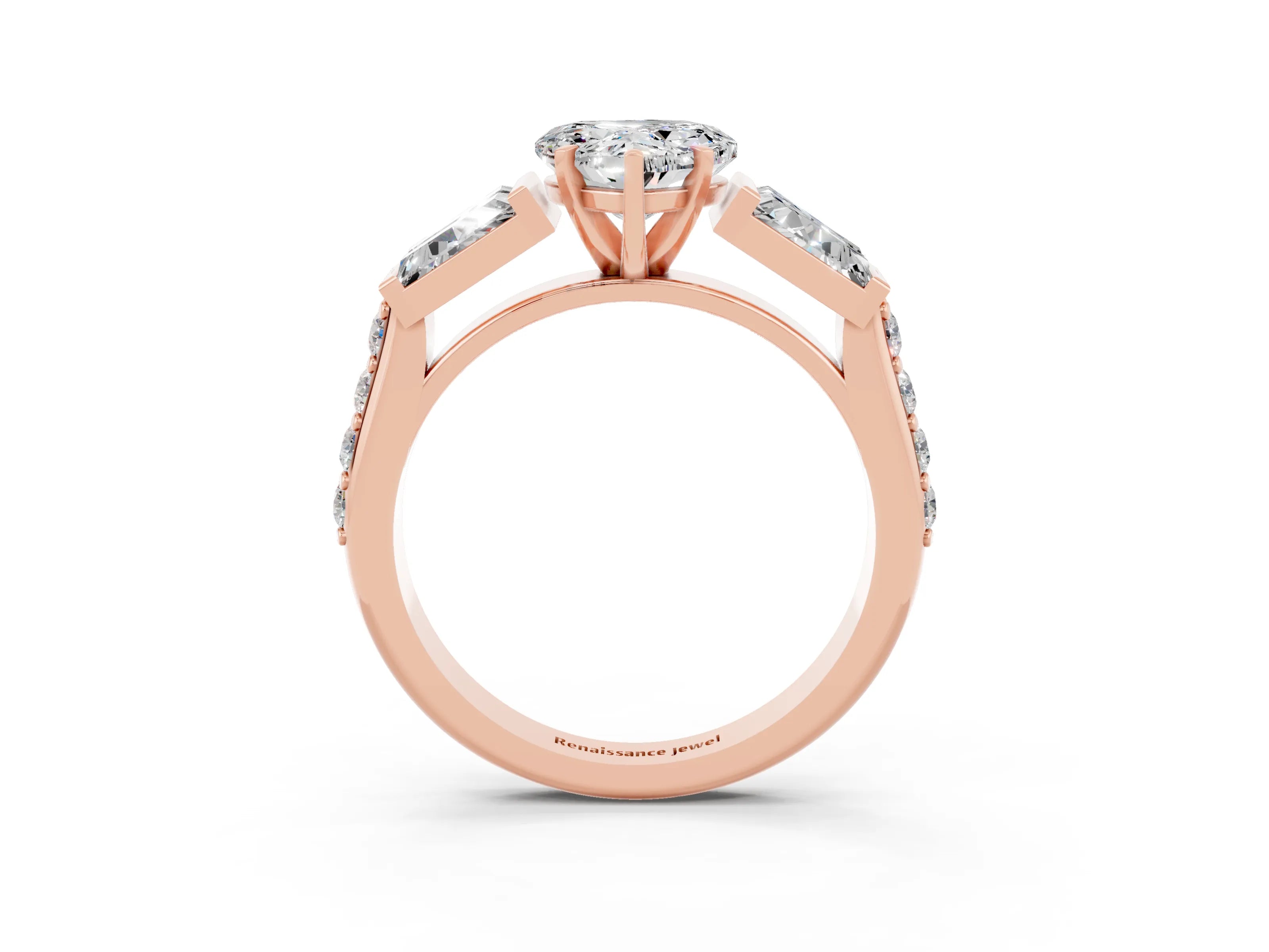 Rose gold Heart Cut Moissanite Engagement Ring with Baguette Side Stones and Channel Set Band_3