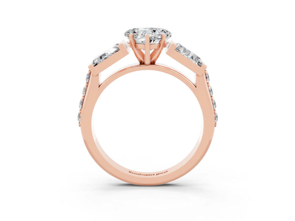 Rose gold Heart Cut Moissanite Engagement Ring with Baguette Side Stones and Channel Set Band