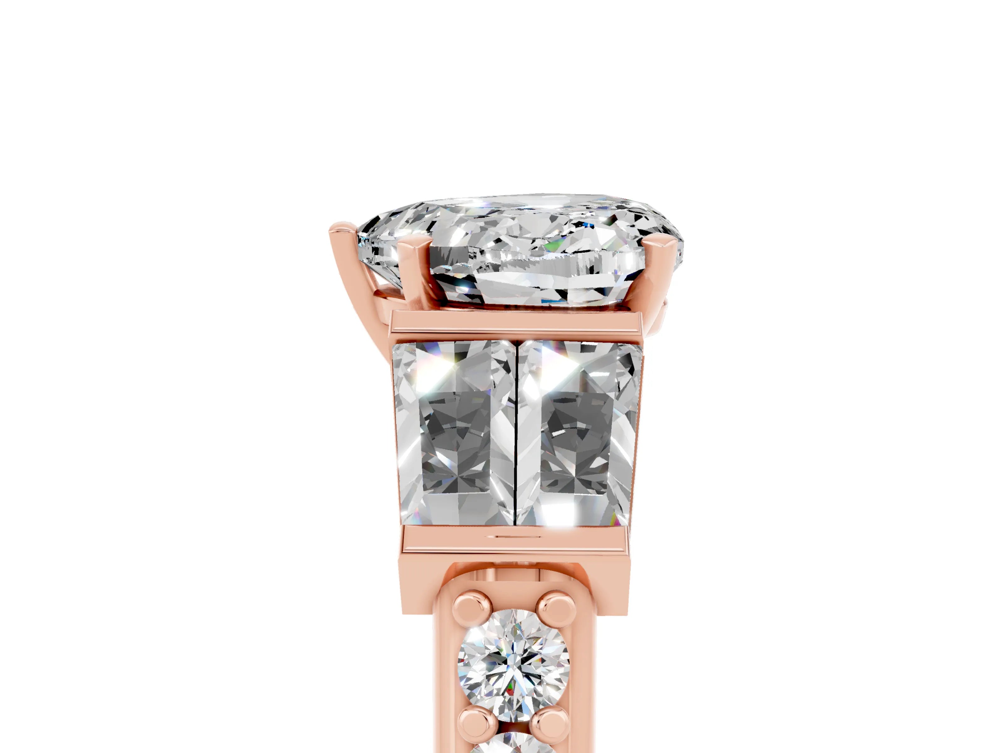 Rose gold Heart Cut Moissanite Engagement Ring with Baguette Side Stones and Channel Set Band_5