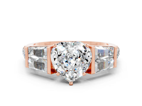 Rose gold Heart Cut Moissanite Engagement Ring with Baguette Side Stones and Channel Set Band