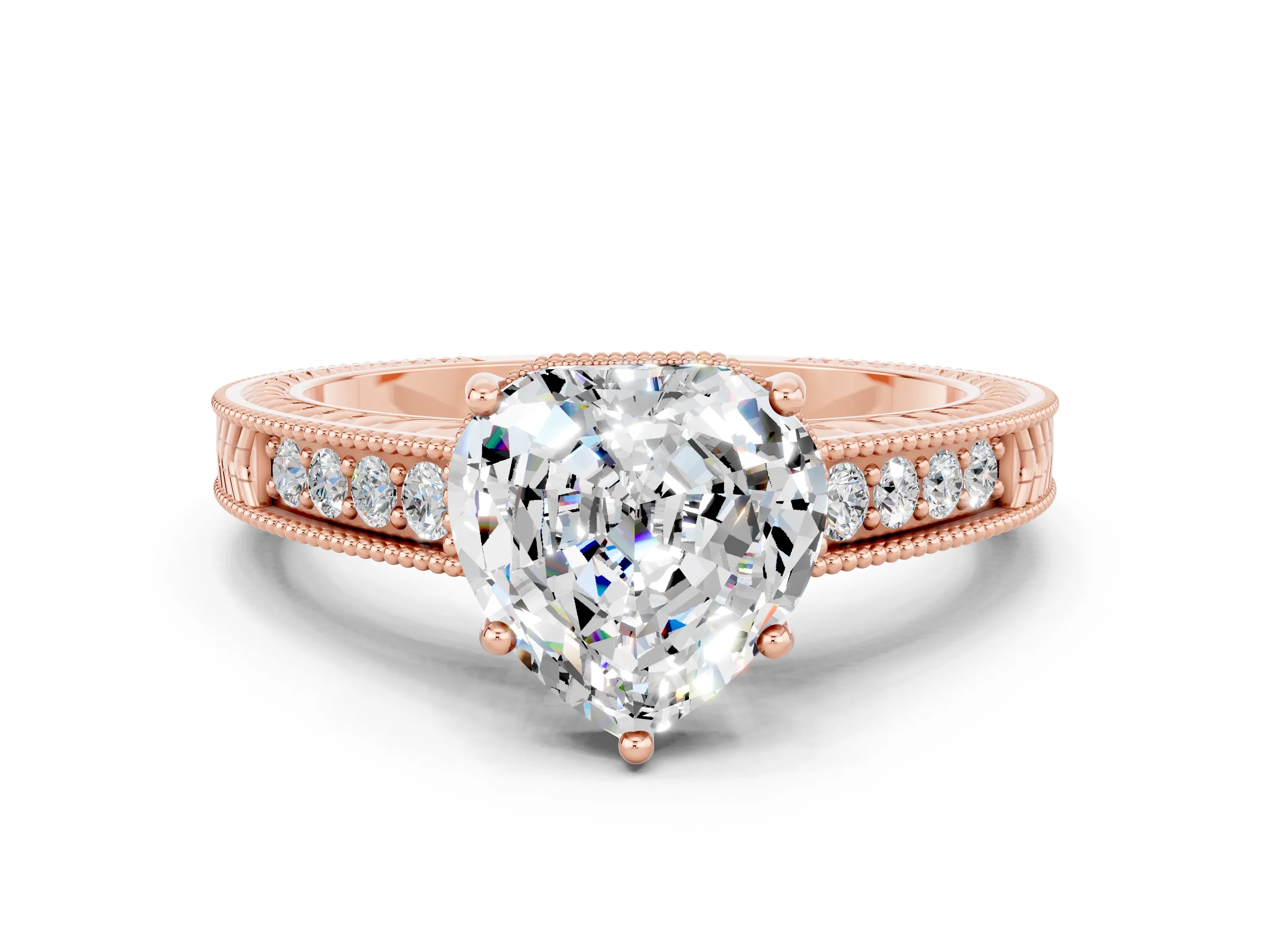 Rose gold Heart Cut Moissanite Engagement Ring with Milgrain Channel Set Band and Prong Setting