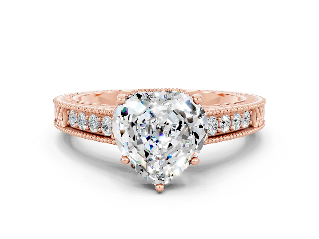 Rose gold Heart Cut Moissanite Engagement Ring with Milgrain Channel Set Band and Prong Setting