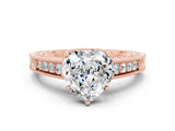 Rose gold Heart Cut Moissanite Engagement Ring with Milgrain Channel Set Band and Prong Setting
