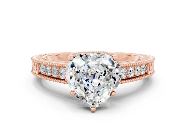 Rose gold Heart Cut Moissanite Engagement Ring with Milgrain Channel Set Band and Prong Setting