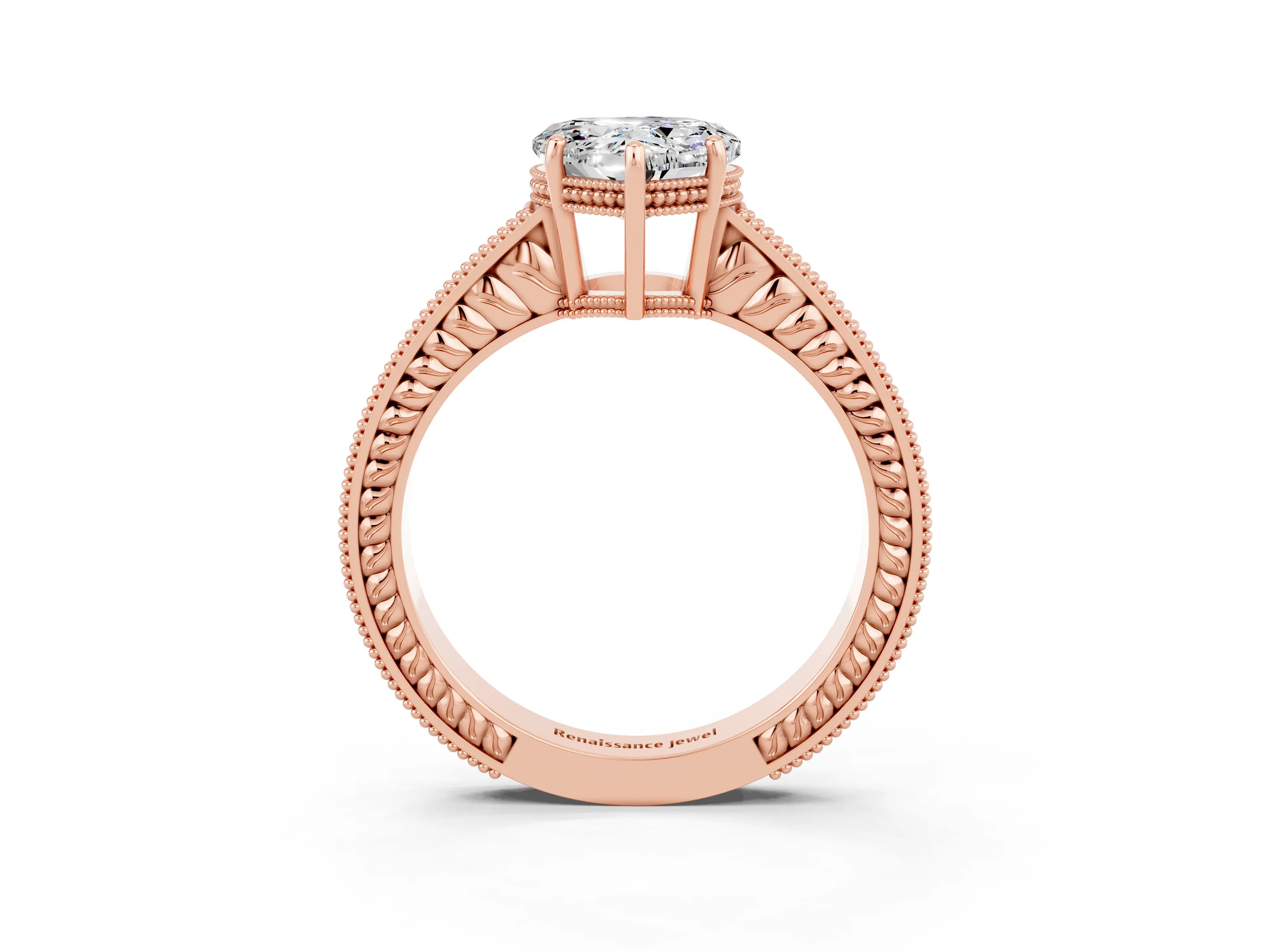 Rose gold Heart Cut Moissanite Engagement Ring with Milgrain Channel Set Band and Prong Setting_3