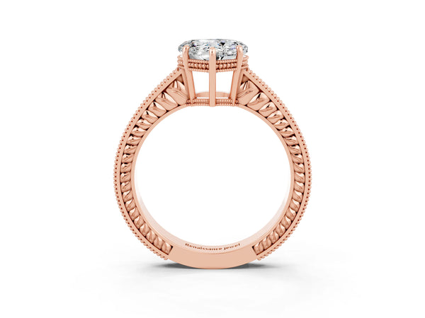 Rose gold Heart Cut Moissanite Engagement Ring with Milgrain Channel Set Band and Prong Setting