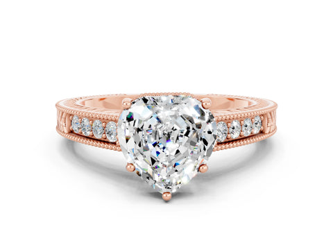 Rose gold Heart Cut Moissanite Engagement Ring with Milgrain Channel Set Band and Prong Setting