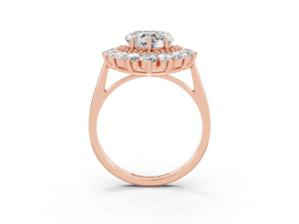 Rose gold Heart Cut Moissanite Floral Double Halo Engagement Ring with Prong Setting