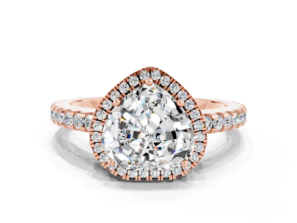 Rose gold Heart Cut Moissanite Halo Engagement Ring with Pavé Band and Prong Setting
