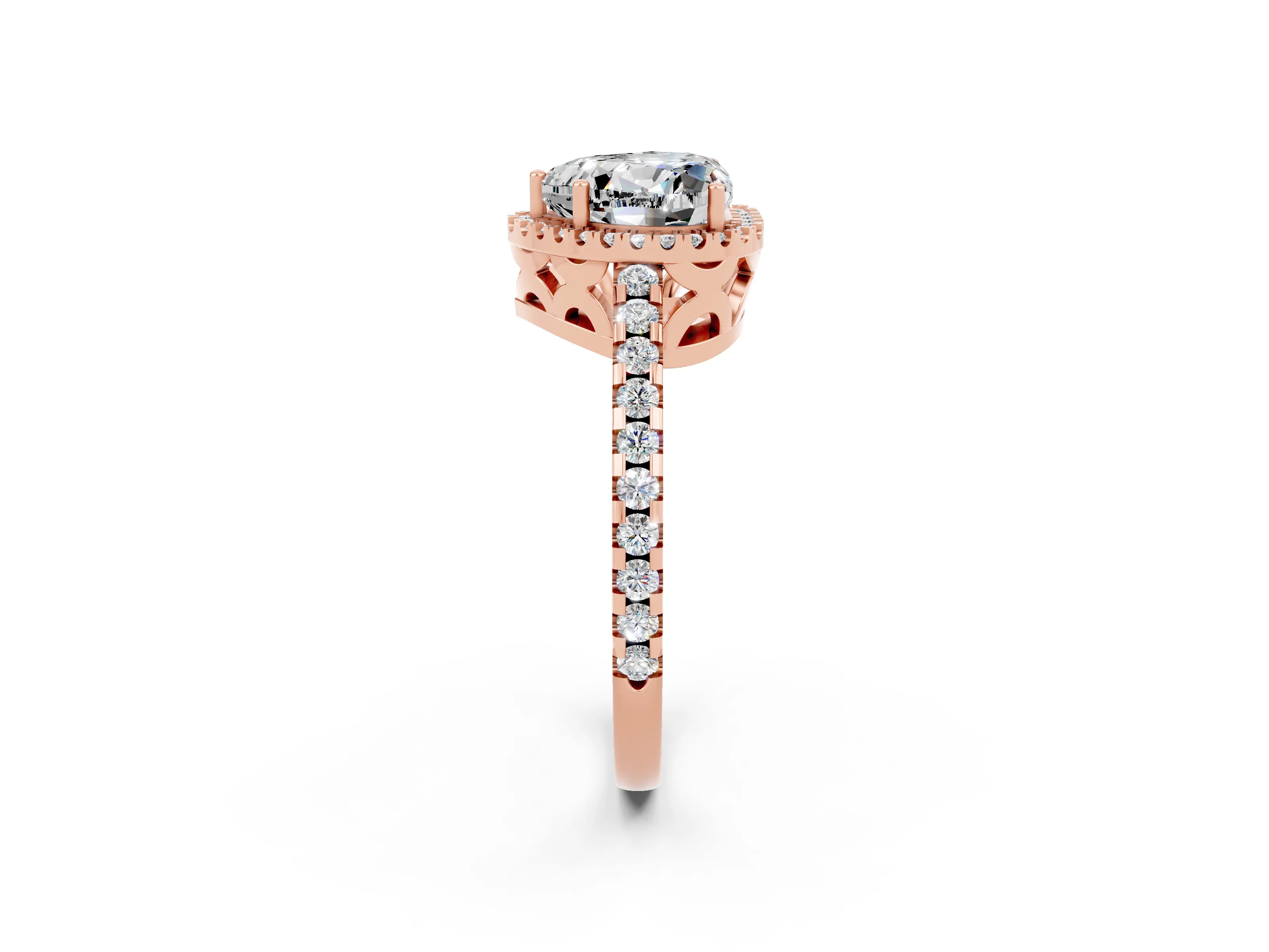 Rose gold Heart Cut Moissanite Halo Engagement Ring with Pavé Band and Prong Setting_14