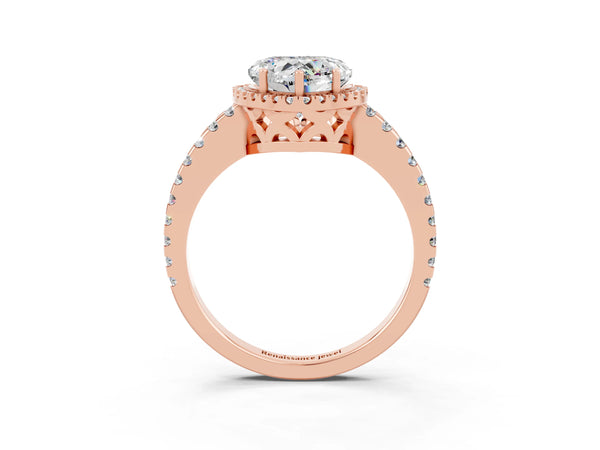 Rose gold Heart Cut Moissanite Halo Engagement Ring with Pavé Band and Prong Setting