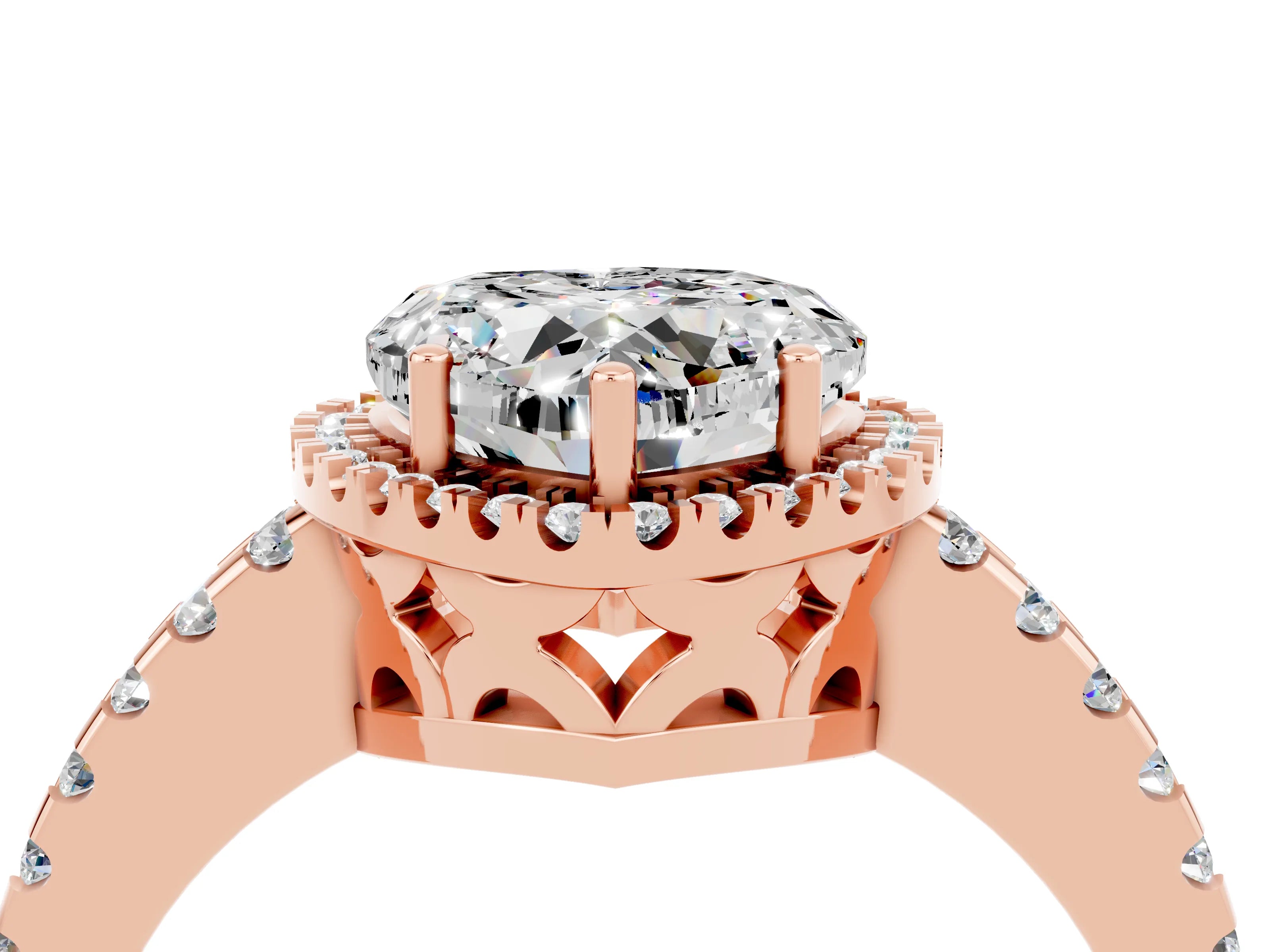 Rose gold Heart Cut Moissanite Halo Engagement Ring with Pavé Band and Prong Setting_16