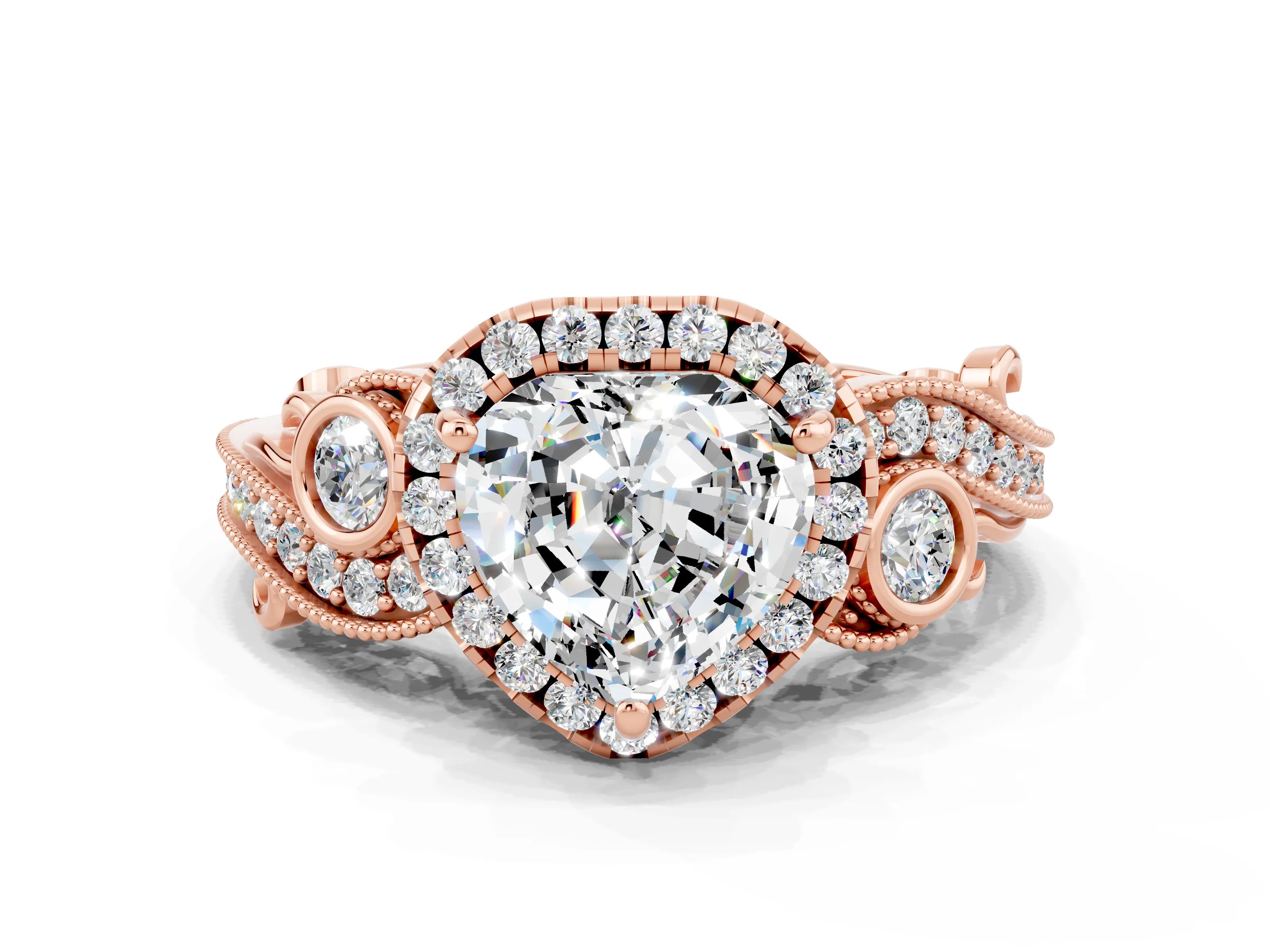 Rose gold Heart Cut Moissanite Halo Ring with Milgrain Pavé Band and Four-Prong Setting_12