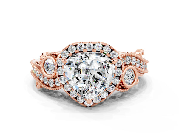 Rose gold Heart Cut Moissanite Halo Ring with Milgrain Pavé Band and Four-Prong Setting