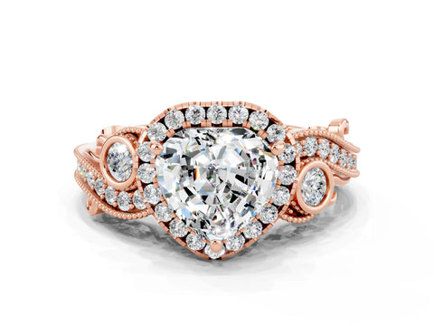 Rose gold Heart Cut Moissanite Halo Ring with Milgrain Pavé Band and Four-Prong Setting_12