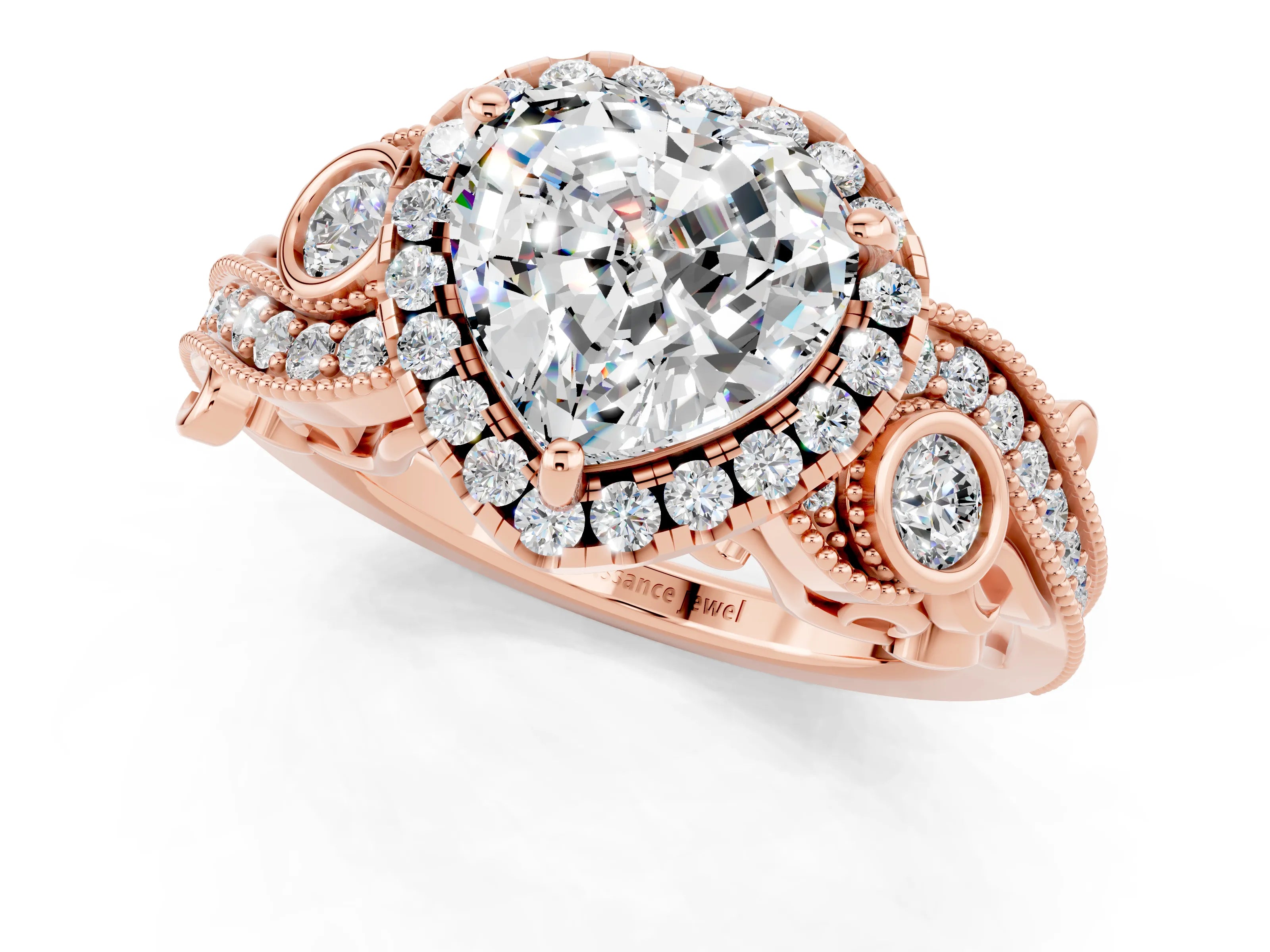Rose gold Heart Cut Moissanite Halo Ring with Milgrain Pavé Band and Four-Prong Setting_13