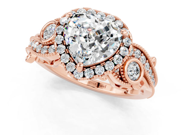 Rose gold Heart Cut Moissanite Halo Ring with Milgrain Pavé Band and Four-Prong Setting