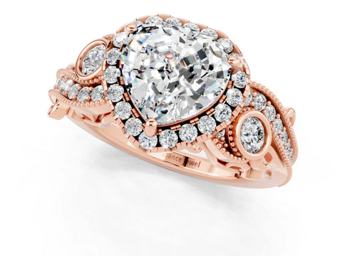 Rose gold Heart Cut Moissanite Halo Ring with Milgrain Pavé Band and Four-Prong Setting_13